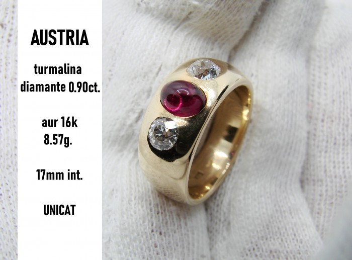 Inel Aur 16K Cu Turmalina de Rubelit si Diamant natural