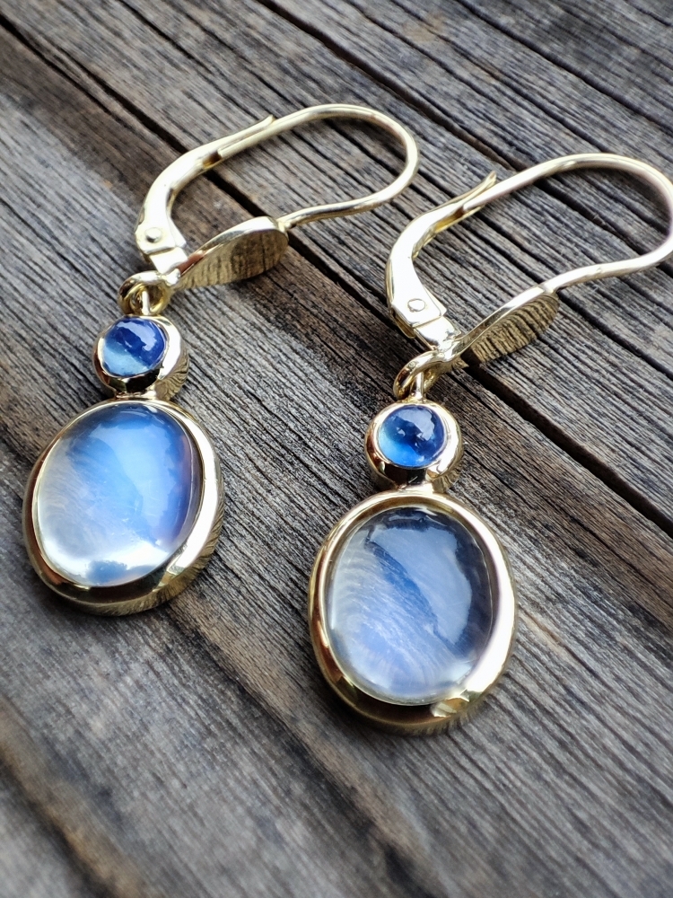 Cercei aur 14k cu Safir natural si Piatra Lunii UNICAT