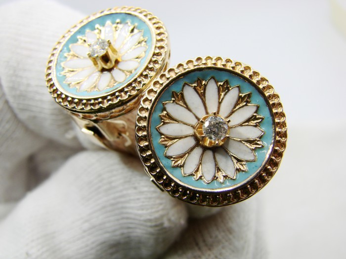 Cercei Aur 14K Cu Email Champleve si Diamante Diamant Natural