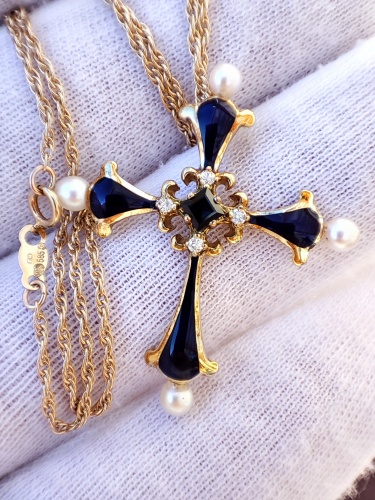 Faberge pandantiv Cruciulita Cruce Aur 14K Cu Email Diamante Safir Si Perle Franklin Mint