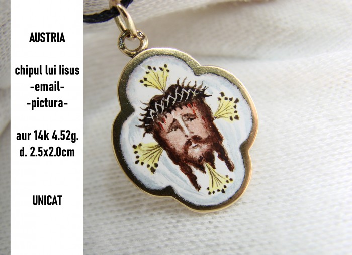 Pandantiv aur 14k cu email pictura chipul lui Iisus
