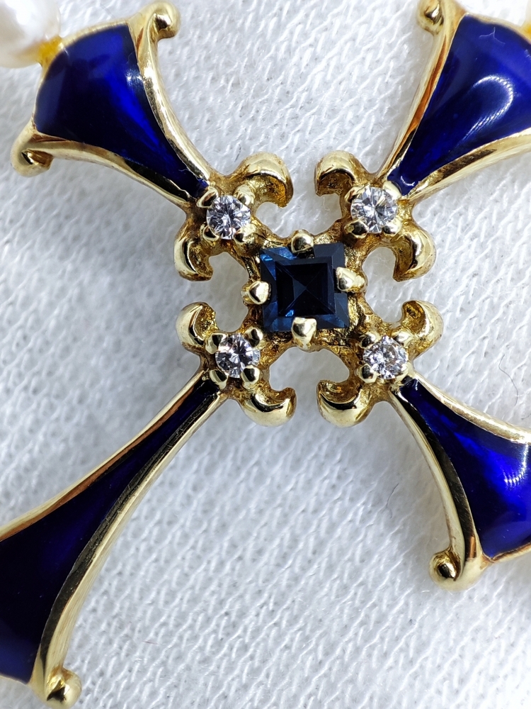 Faberge pandantiv Cruciulita Cruce Aur 14K Cu Email Diamante Safir Si Perle Franklin Mint