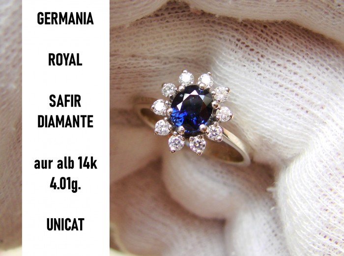 Inel aur alb de logodna ROYAL 14k cu safir si diamante