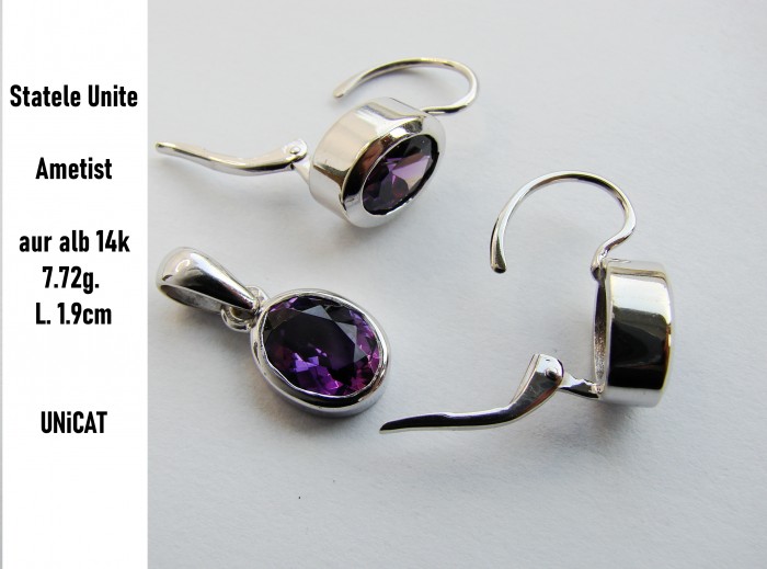 Set cercei si pandantiv aur alb 14k cu Ametist natural