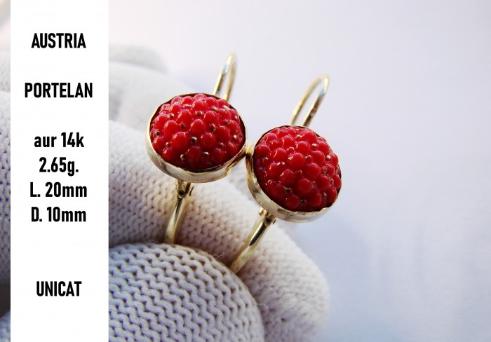 Cercei aur 14k Zmeura porcelant Austria Unicat