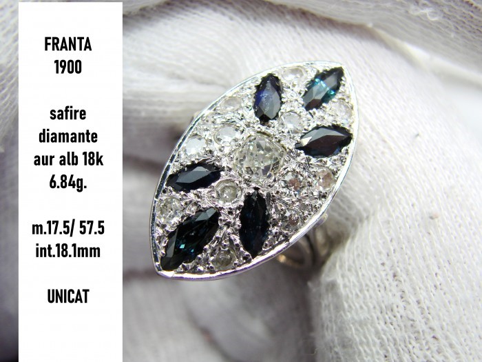Inel Aur Alb 18K Cu Diamante Si Safire Unicat Safir