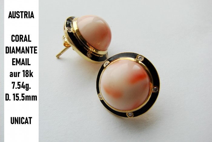 Cercei aur 18k coral natural somon diamante email negru unicat