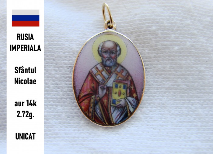 Pandantiv aur 14k rusia imperiala Sfantul Nicolae stil Baroc religia Ortodox Ortodoxa