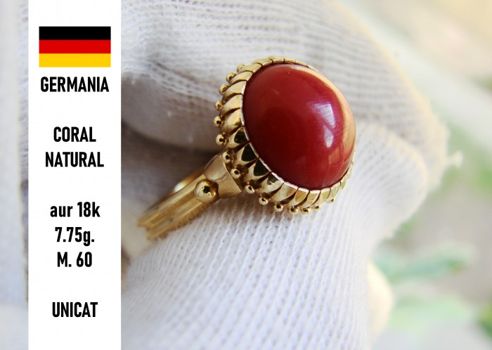 Inel aur 18k coral natural cabochon imens regal germania