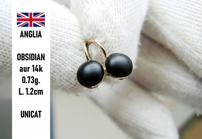 Cercei aur 14k cu copii fetite obsidian negru