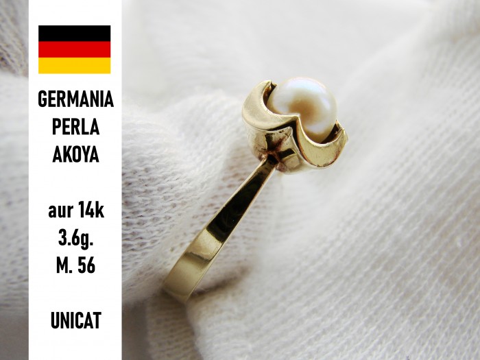 Inel aur 14k perla naturala Akoya perle cu certificat Budapesta