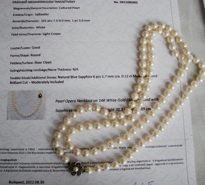 Colier aur alb 14 perle apa sarata certificat si safire 89cm