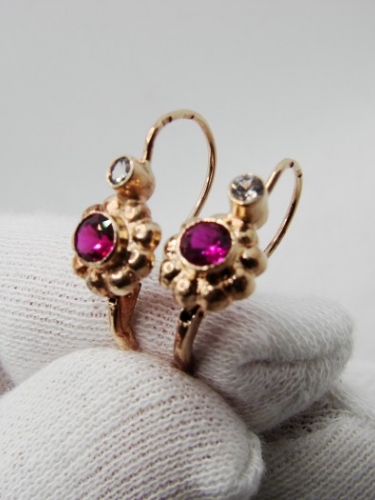 Cercei aur retro 14k cu rubelit si cristal de stanca