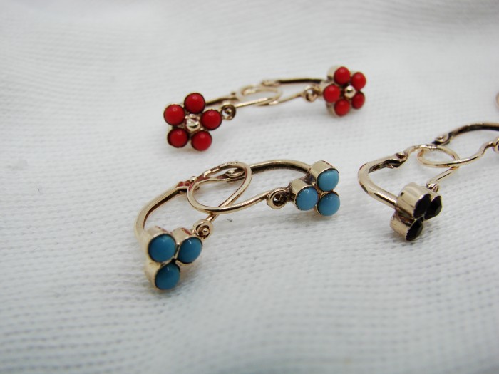 Cercei Aur 14K Copii Fetite Coral Albastru Rosu cristal