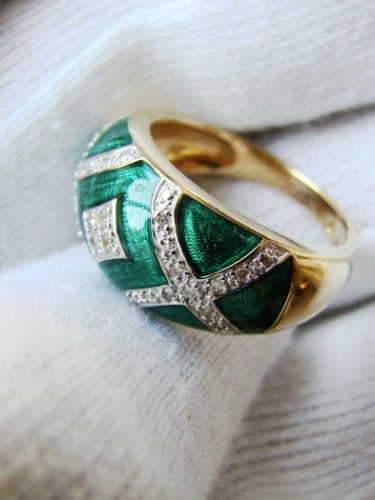 Inel Aur 14K Cu Diamante Si Email Verde