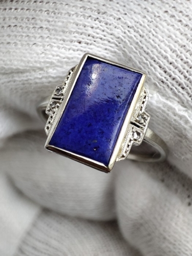 Inel aur alb 18k cu lapis lazuli si diamante filigram