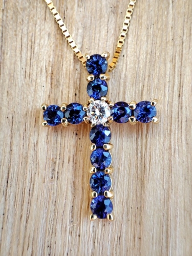 Pandantiv Cruciulita Cruce Aur 18K Cu Safire Si Diamant lantisor aur ARTMAX