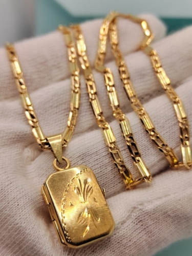 Lantisor lant aur 14k retro zale pline cu pandantiv aur pentru poza dubla unicat