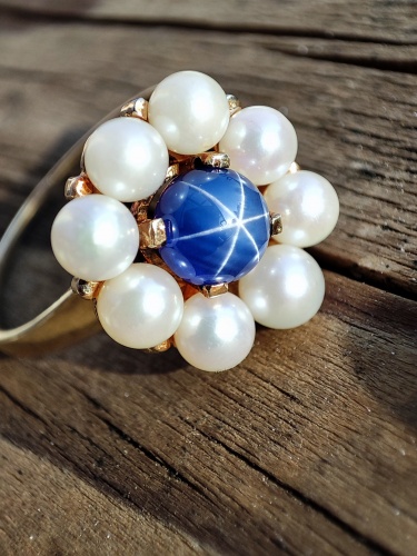 Inel aur 14k cu perle si safir stelat floral