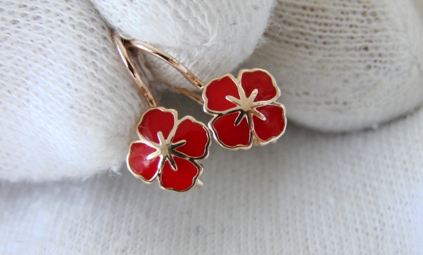 Cercei aur 14k rusesti rusia cu email rosu copii fetite aur rusesc