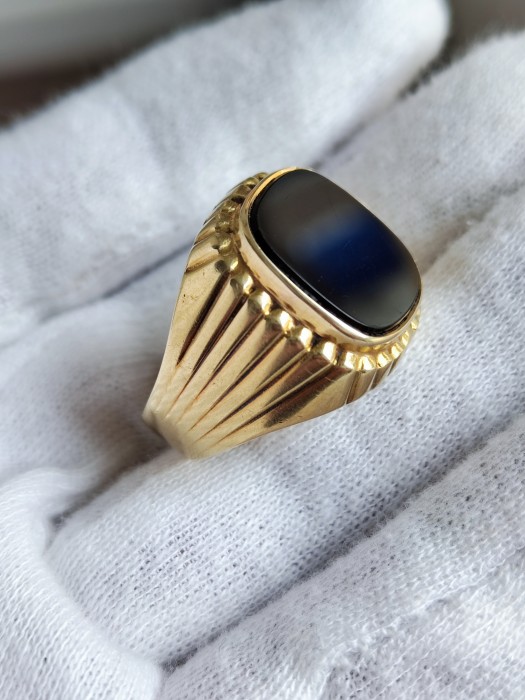 retro Inel aur 14k barbatesc cu onix natural negru inel ghiul diplomat=