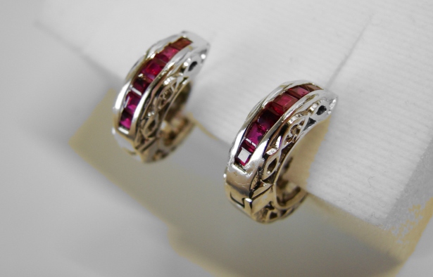 Unicat cercei aur alb 14k cu rubin rubine si diamante dubla purtare