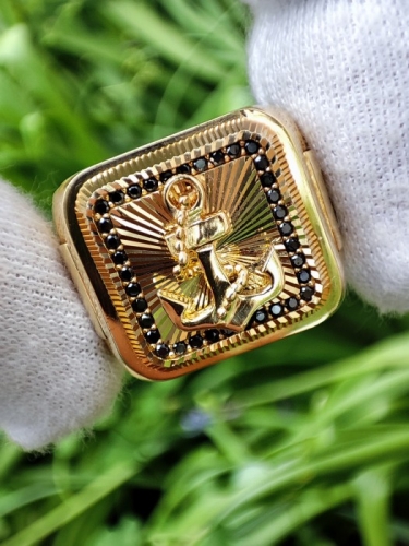 Inel aur 14k barbatesc cu crucea marina si onix natural unicat ghiul aur