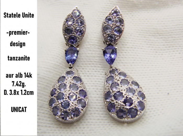 Cercei Aur Alb 14K Cu Tanzanite mireasa nunta ocazie tanzanit natural unicat