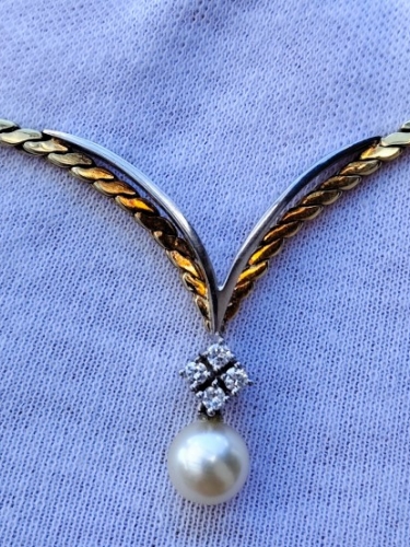 Colier aur evreiesc 14k cu perla naturala de apa sarata si diamante certificat