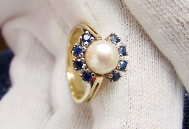 Inel aur 14k cu safire si perla safir certificat
