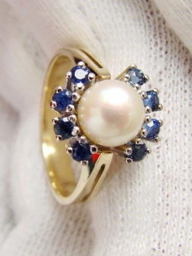Inel aur 14k cu safire si perla safir certificat