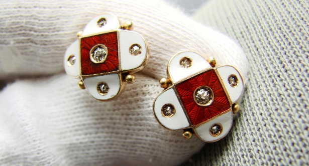 Franta unicat cercei aur 14k cu diamante si email champleve