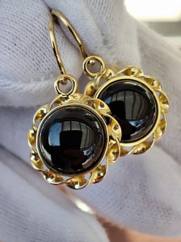 Cercei Aur 14K Cu Onix Negru Cabochon Unicat