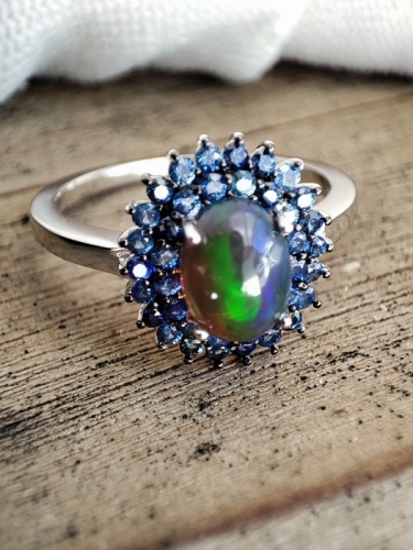 925 Inel Argint  Cu Opal Si Safir Masura 17