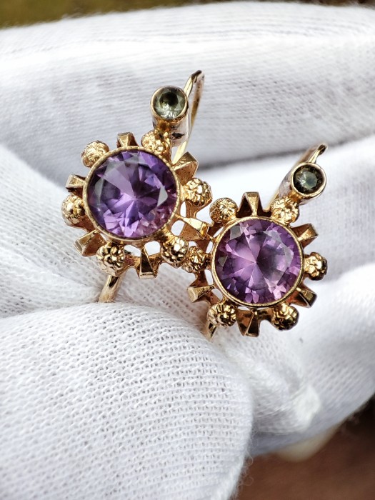 Cercei aur 14k lavender bicolor  si cristal stanca ungaria unicat
