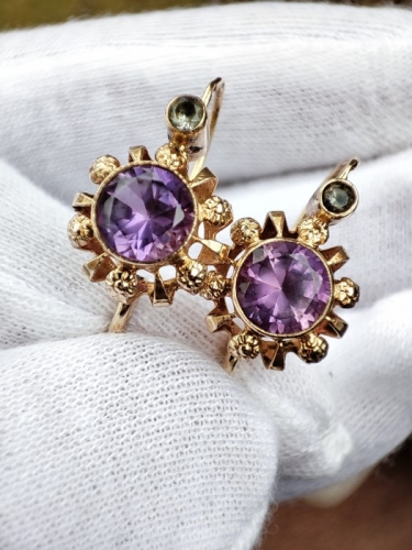 Cercei aur 14k lavender bicolor  si cristal stanca ungaria unicat