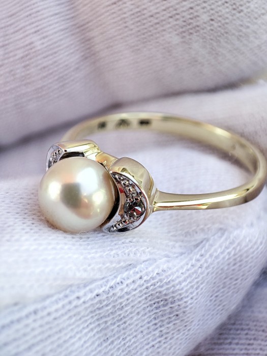 Inel aur 14k cu diamante si perla naturala apa dulce