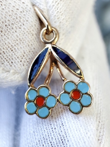 Pandantiv aur 583 14k rusia rusesc tehnica email Nu-mă-uita (Myosotis) unicat