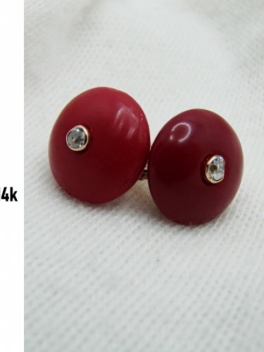 Cercei aur 14k cu Coral natural si diamante Diamant unicat